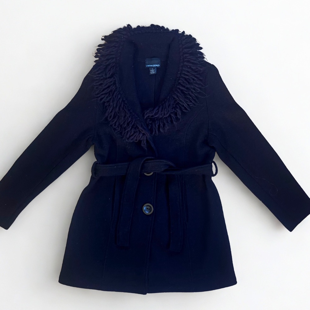 Cynthia Rowley Black Boiled Wool Coat Women’s L – Fringe Collar, Belted